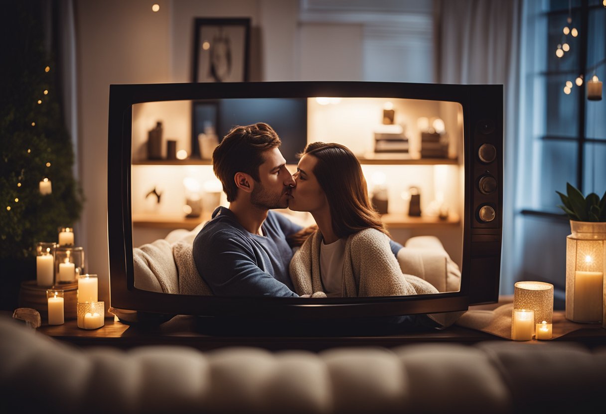 A couple sits close on a cozy couch, surrounded by soft lighting and romantic decor. A collection of romantic movies is displayed on the screen, creating a warm and intimate atmosphere