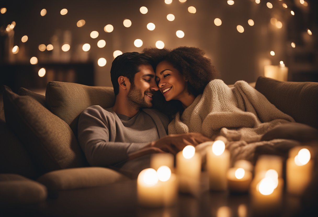 A couple snuggles on a cozy couch surrounded by flickering candles, watching a romantic movie together