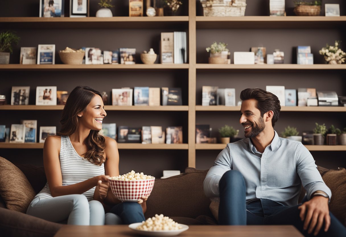 A couple sits on a cozy couch surrounded by shelves of romantic movies. They hold a bowl of popcorn and smile as they browse through the film options