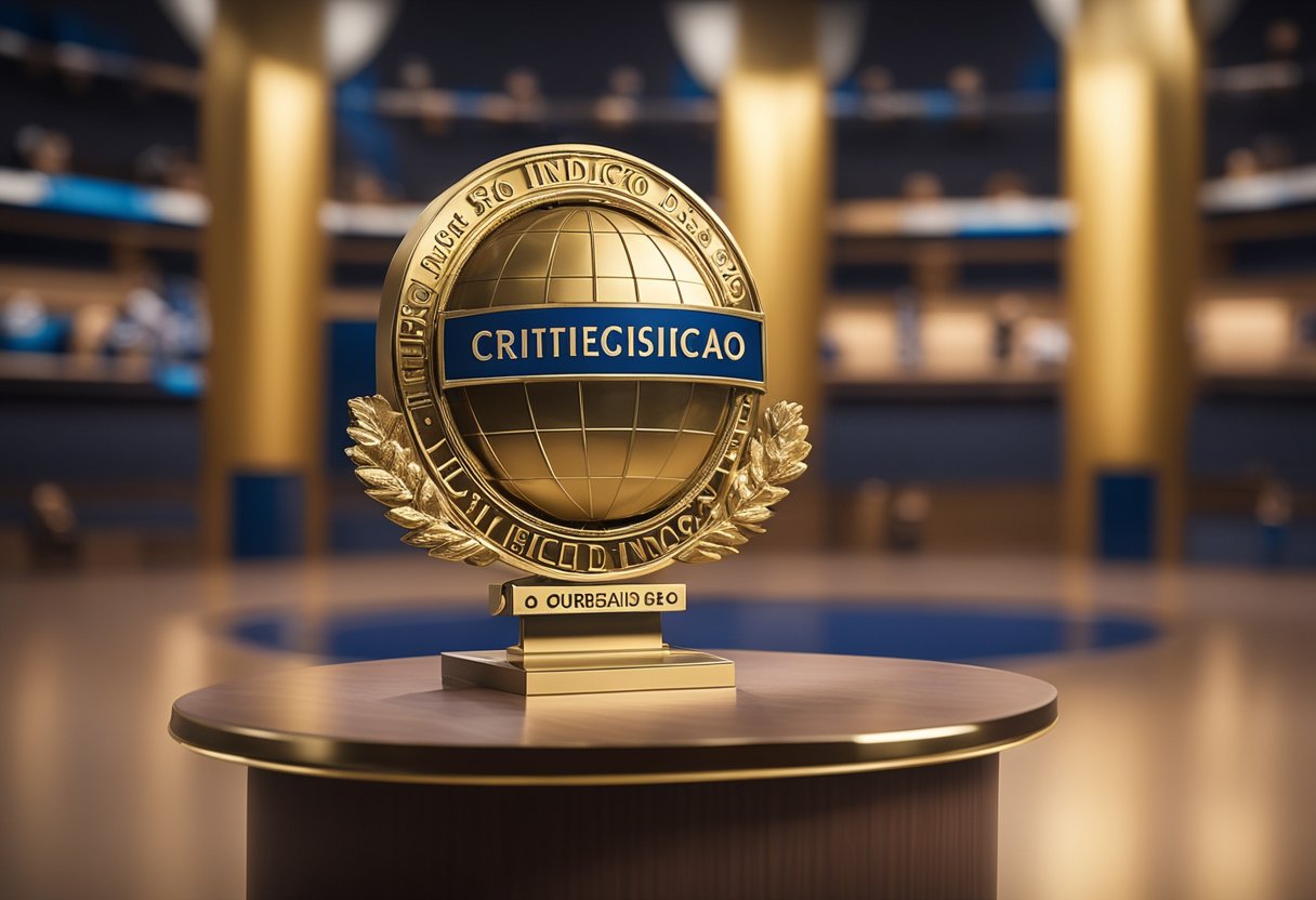 A podium with the words "Critérios de Indicação Séries indicadas ao Globo de Ouro" displayed in bold lettering