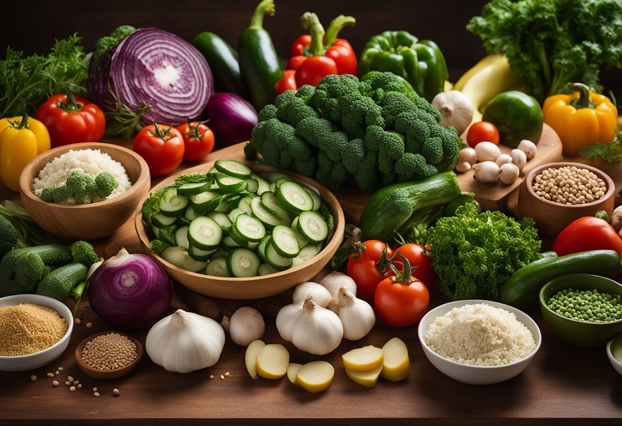 A colorful array of fresh vegetables and natural ingredients spread out on a wooden kitchen counter. A cookbook titled "Fundamentos da Cozinha Vegetariana com Ingredientes naturais" sits open next to the ingredients