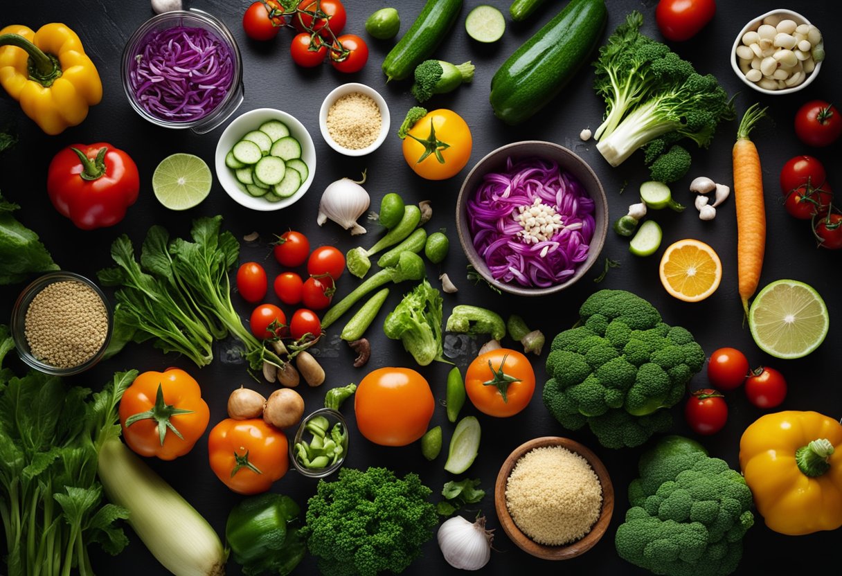 A colorful array of fresh vegetables and natural ingredients being prepared and cooked for vegetarian recipes