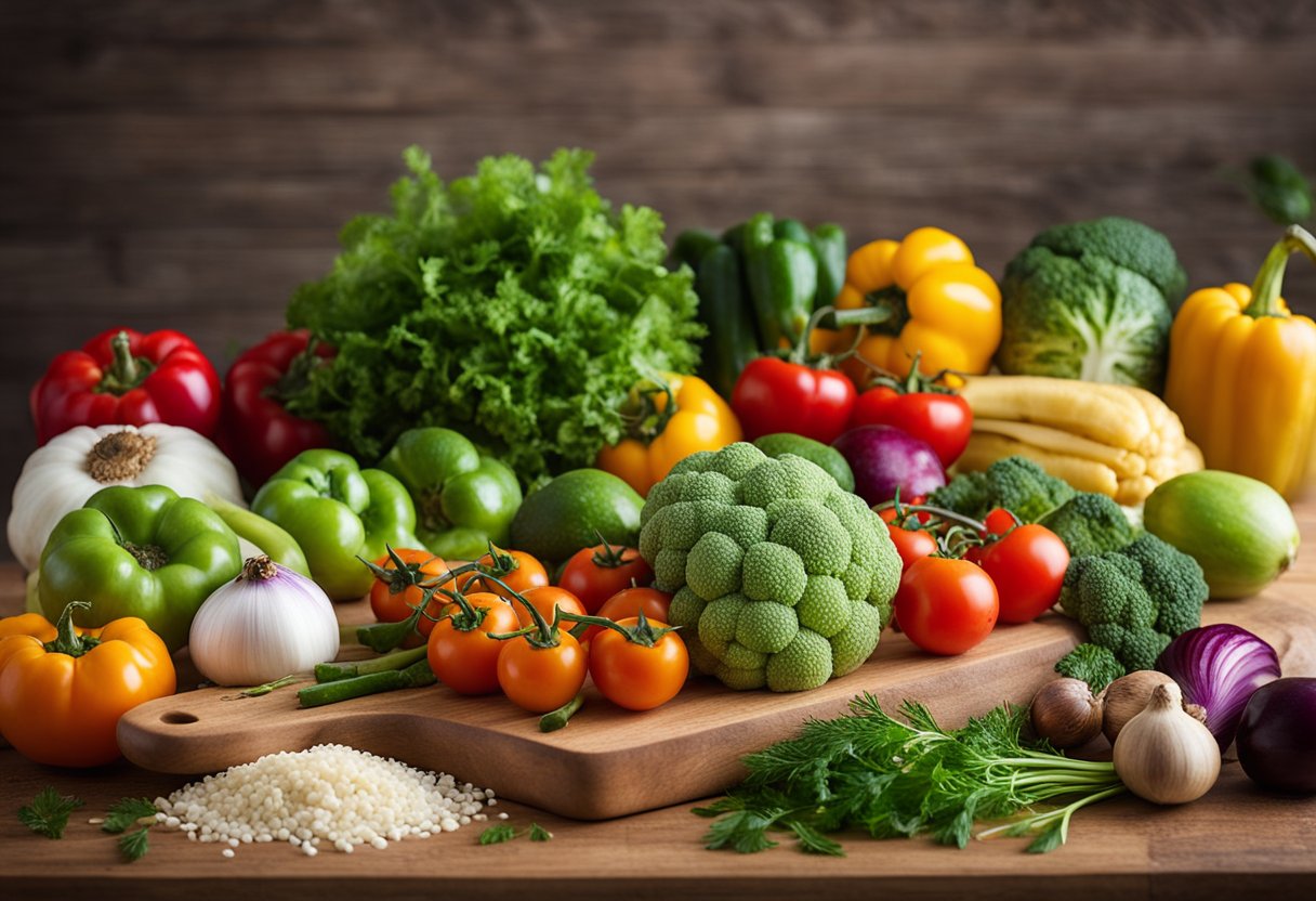 A colorful array of fresh vegetables, fruits, and herbs arranged on a wooden cutting board, with a cookbook titled "Receitas Básicas" open to a recipe for "Receitas Vegetariana com Ingredientes Frescos e Naturais