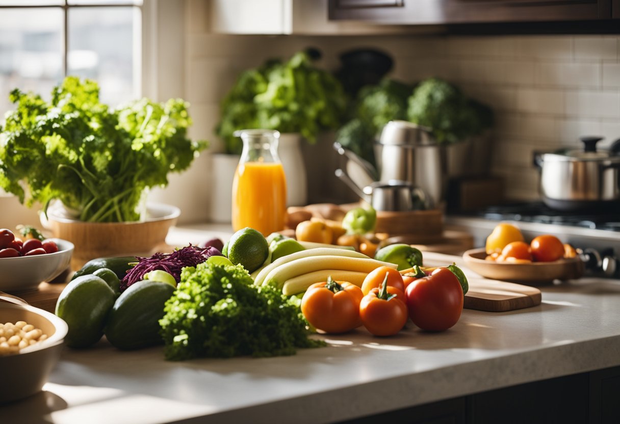 A kitchen counter with fresh vegetables, fruits, and grains. A cookbook open to a vegetarian recipe. Sunlight streaming in through a window