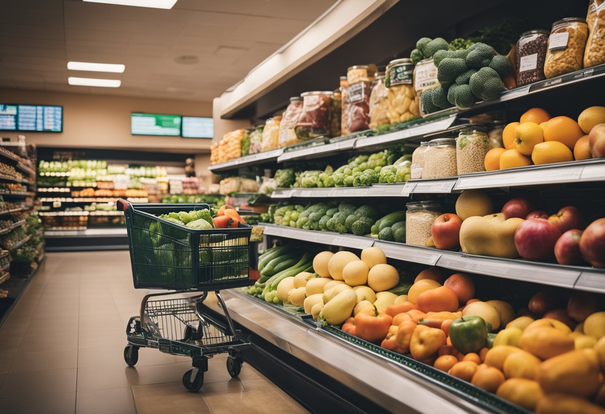 A colorful grocery store with a variety of fresh produce, canned goods, and dry ingredients. A shopping cart filled with affordable items and a list of budget-friendly recipes displayed nearby