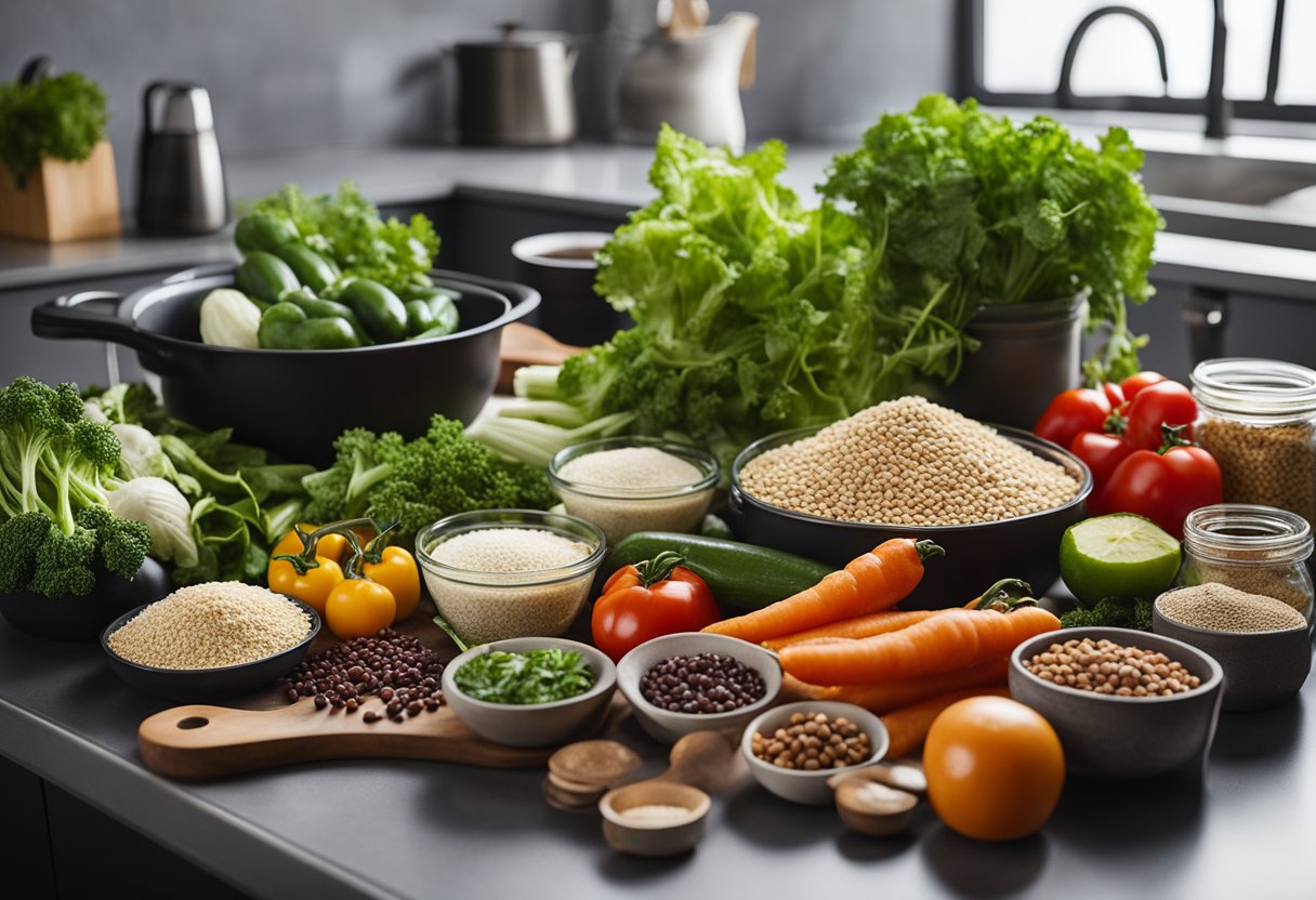 A variety of versatile ingredients arranged on a kitchen counter, including fresh vegetables, grains, and herbs. A pot and pan sit nearby, ready for use