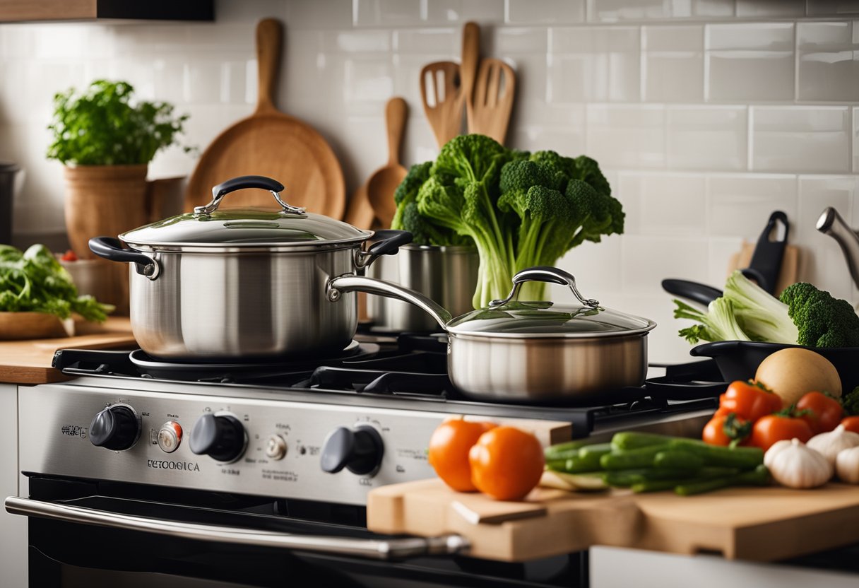 A kitchen with various pots and pans on the stove, a cutting board with fresh vegetables, and a cookbook open to a page titled "Economical Cooking Techniques."