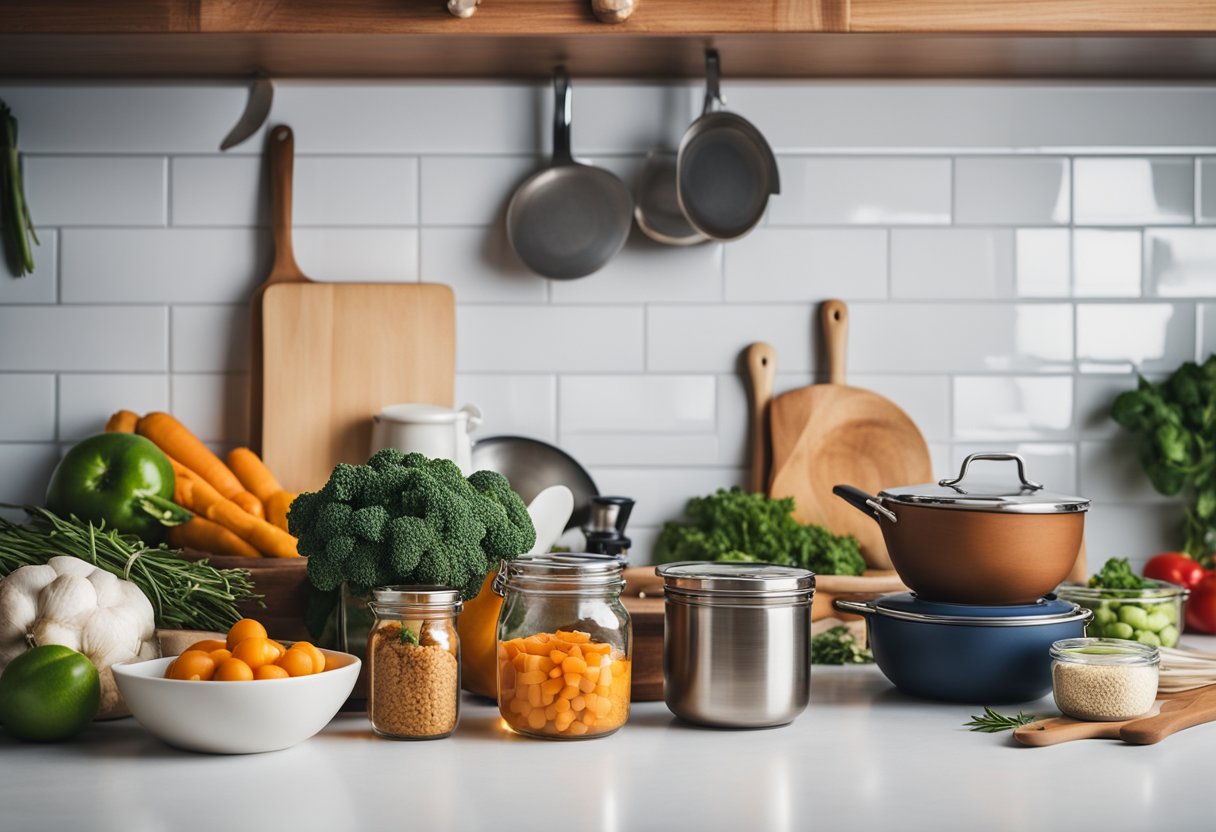 A kitchen counter with a variety of colorful, fresh ingredients and spices, alongside budget-friendly cooking utensils and pots. A cookbook titled "Flavorful Adjustments with Low Cost: How to Make Economical Meals without Losing the Taste" sits open beside