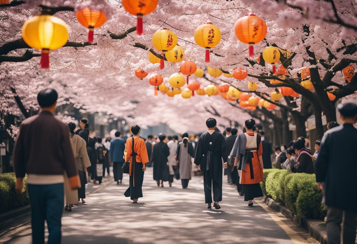 A traditional Japanese festival with vibrant decorations, colorful lanterns, and lively performances, surrounded by beautiful cherry blossom trees