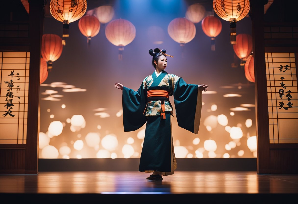 A traditional Japanese theater stage with colorful costumes and dramatic lighting, showcasing a dynamic performance