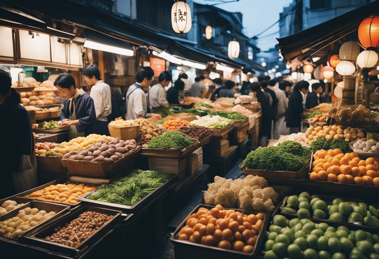 A bustling Japanese street market with colorful food stalls and traditional cultural activities