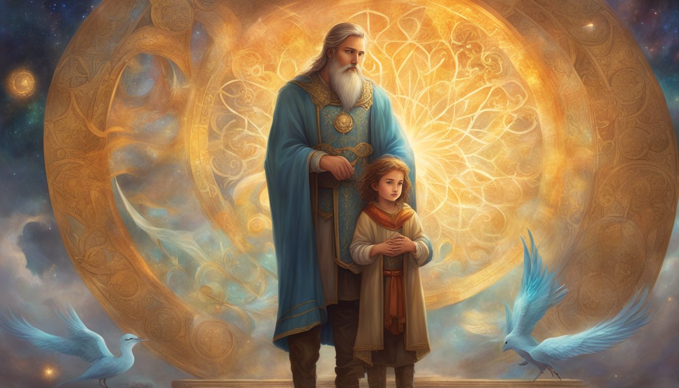 A father figure standing protectively over a sleeping child, surrounded by symbols of guidance and support