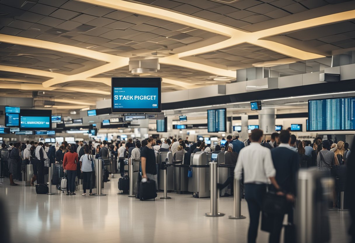 A crowded airport terminal with long lines at ticket counters and people searching for cheap flights on electronic screens