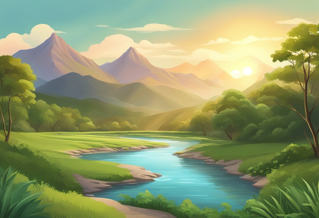 A serene landscape with a winding river, lush greenery, and a majestic mountain in the background. The sun is setting, casting a warm glow over the scene