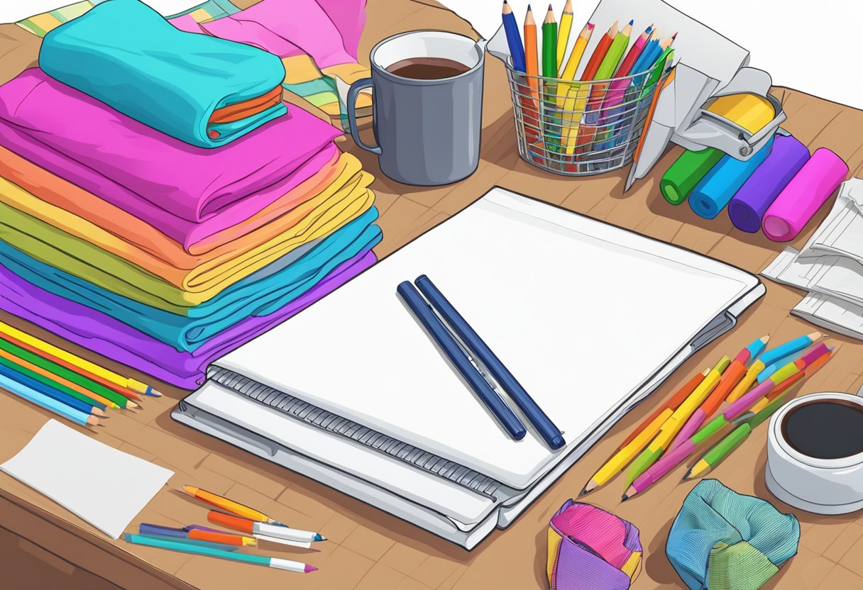 A table with a computer, pencil, and ruler. A stack of blank t-shirts next to a pile of colorful fabric markers