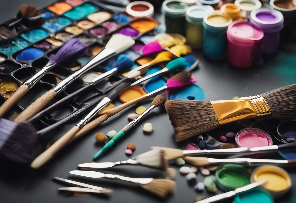 A colorful palette of paintbrushes and art supplies scattered on a table, with a blank t-shirt ready to be transformed into a personalized design