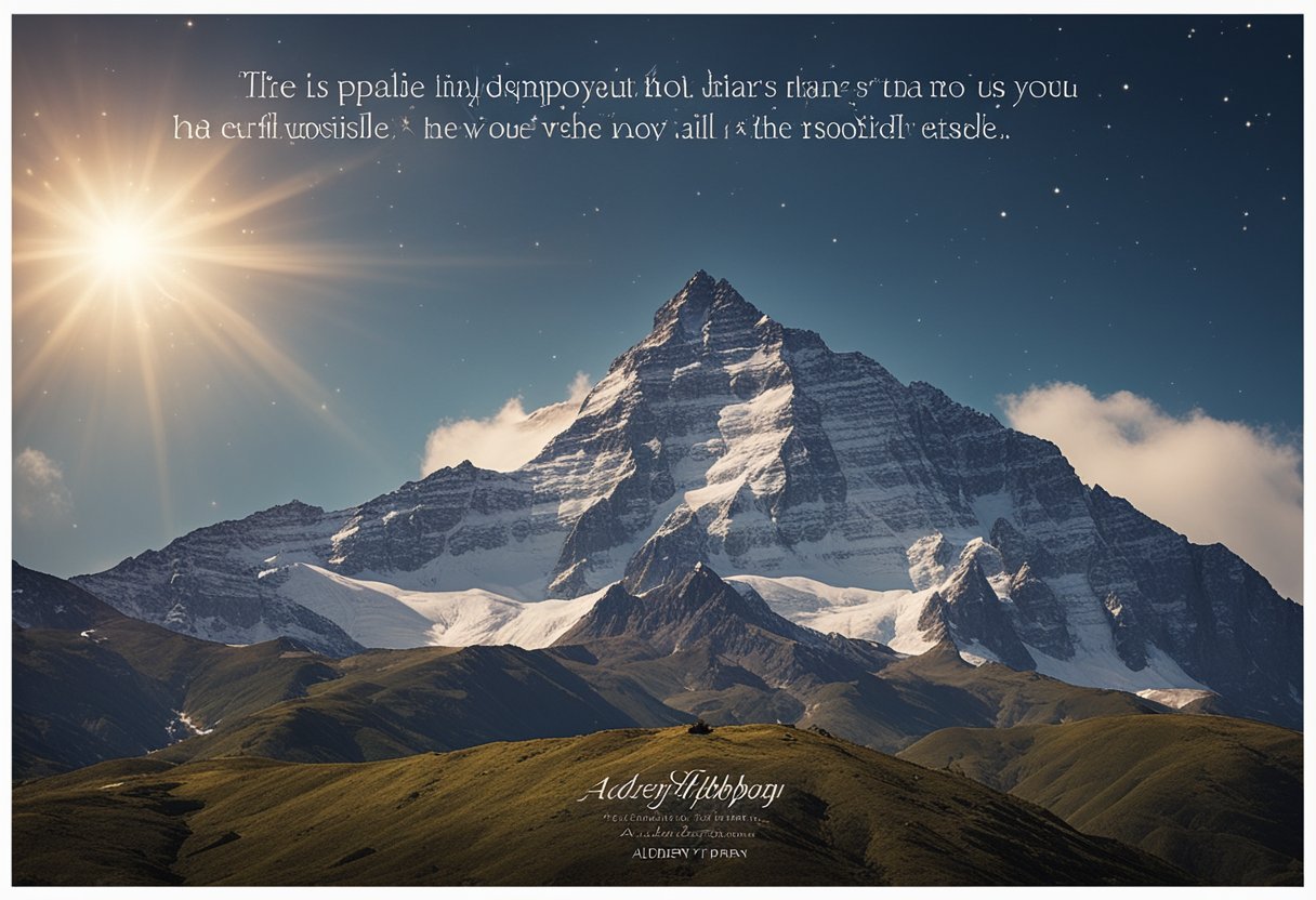 A mountain peak with the quote "Haz lo imposible" - Audrey Hepburn, surrounded by stars and a rising sun