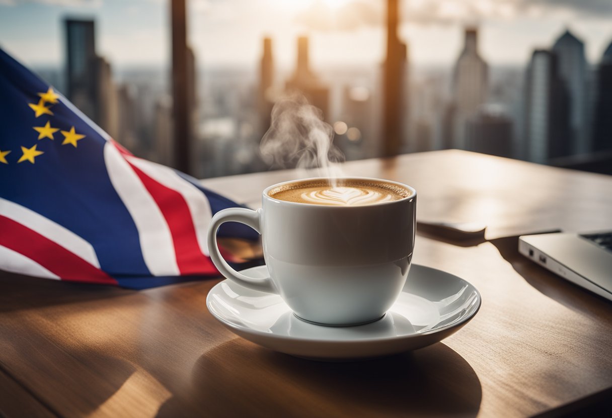 A steaming cup of coffee sits on a desk beside a world map, with a conquering flag planted in the background