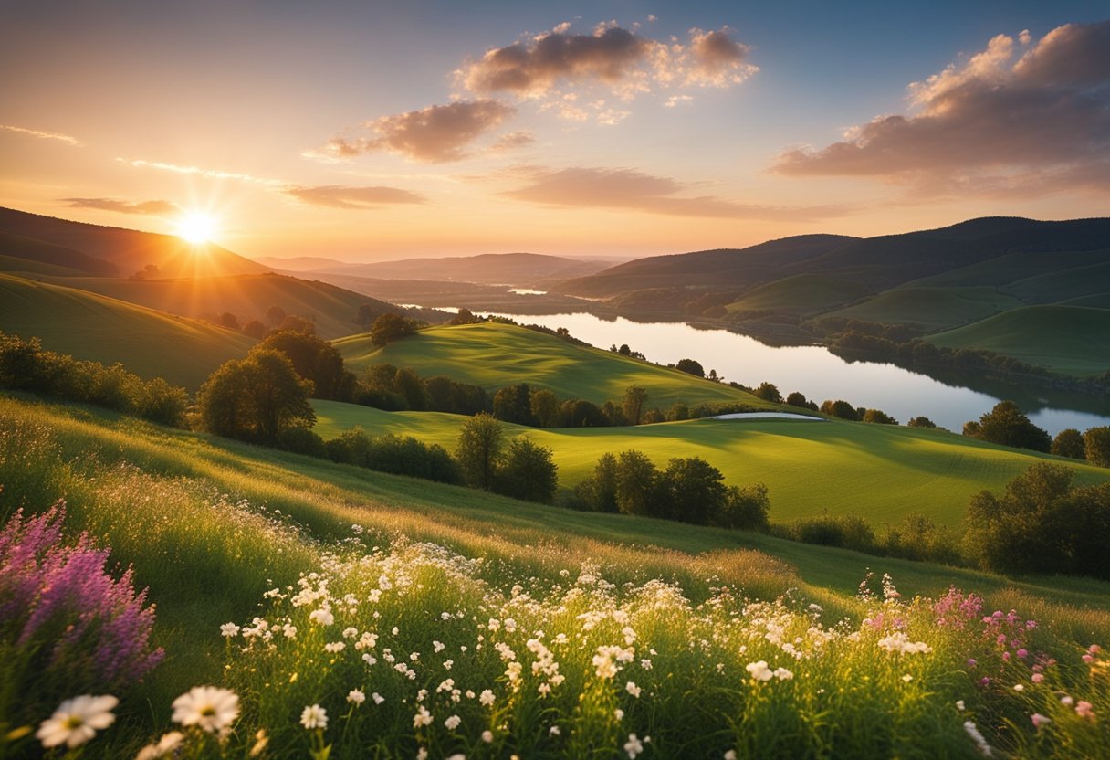 A colorful sunrise over a tranquil countryside with rolling hills, blooming flowers, and a serene lake reflecting the sky