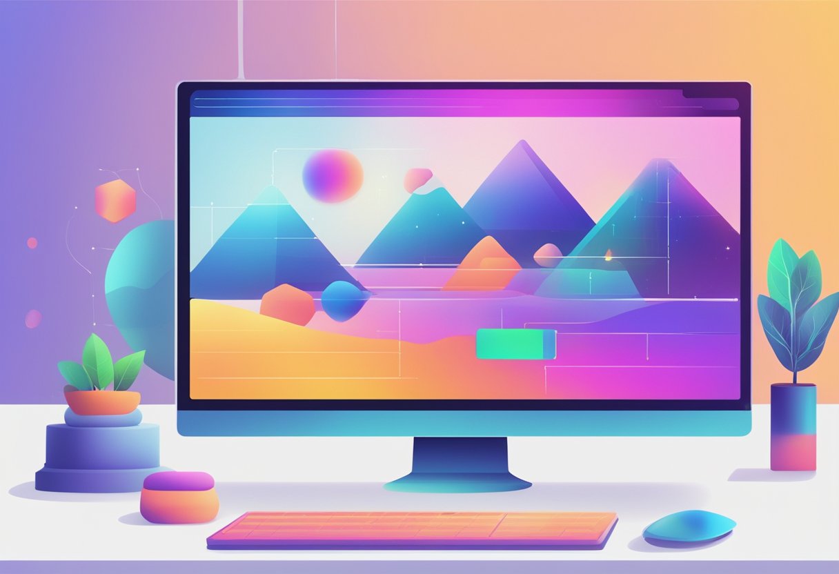 A computer screen displays a futuristic interface with colorful graphics and a sleek design, showcasing the capabilities of Ideogram AI for creating images using artificial intelligence