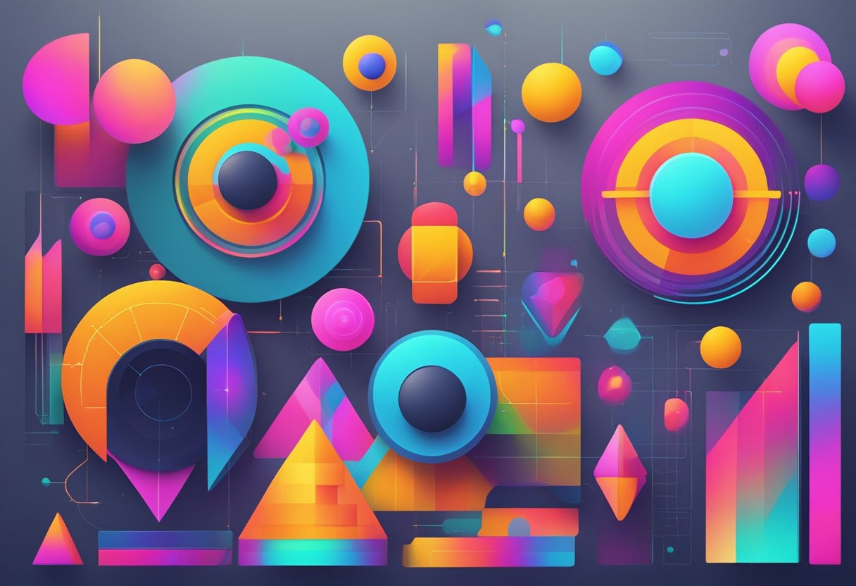 A futuristic AI tool generates vibrant, abstract images with geometric shapes and bold colors. The software interface displays sleek, minimalist design elements