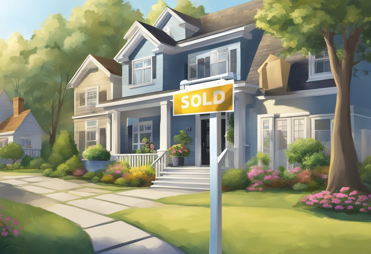 A "For Sale" sign stands in front of a tidy house. A real estate agent shows potential buyers around the property. The sun shines, and a sold sticker is placed on the sign