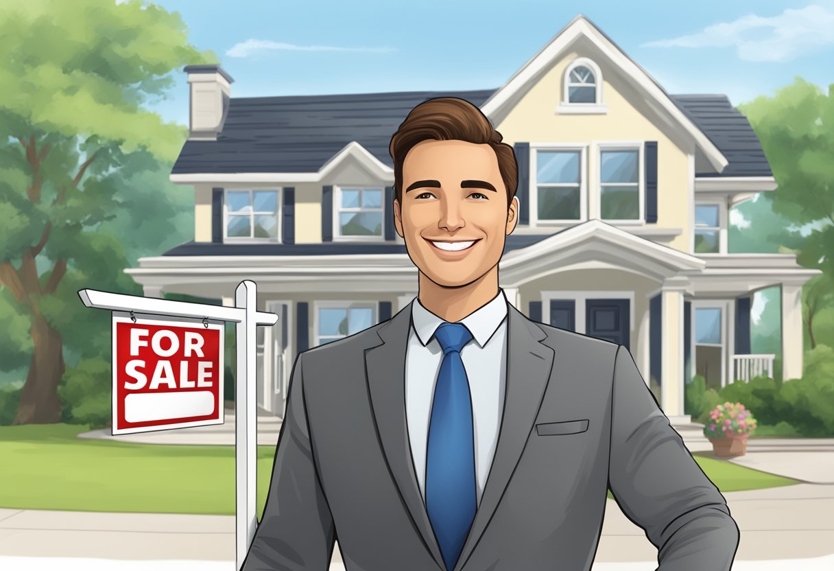 A realtor stands confidently in front of a sold sign, holding a set of keys and smiling as they look towards a beautiful, newly purchased home