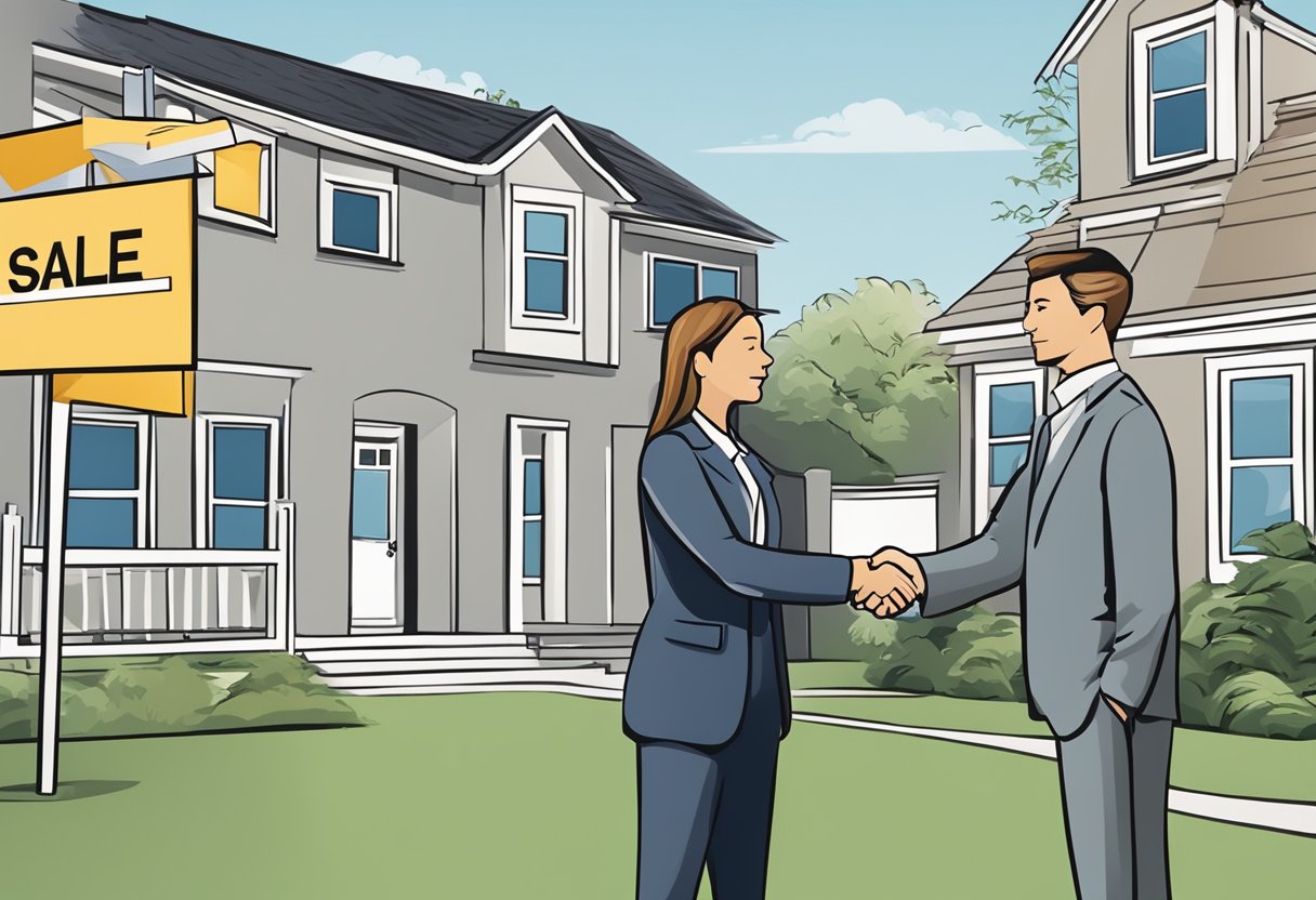 A real estate agent shaking hands with a client in front of a "For Sale" sign