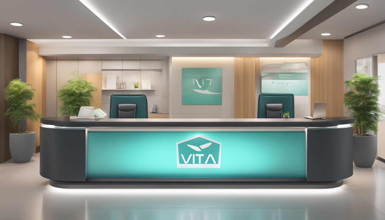 A modern medical concierge desk with a sleek and professional design, featuring a logo of "Vita Concierge SG" prominently displayed