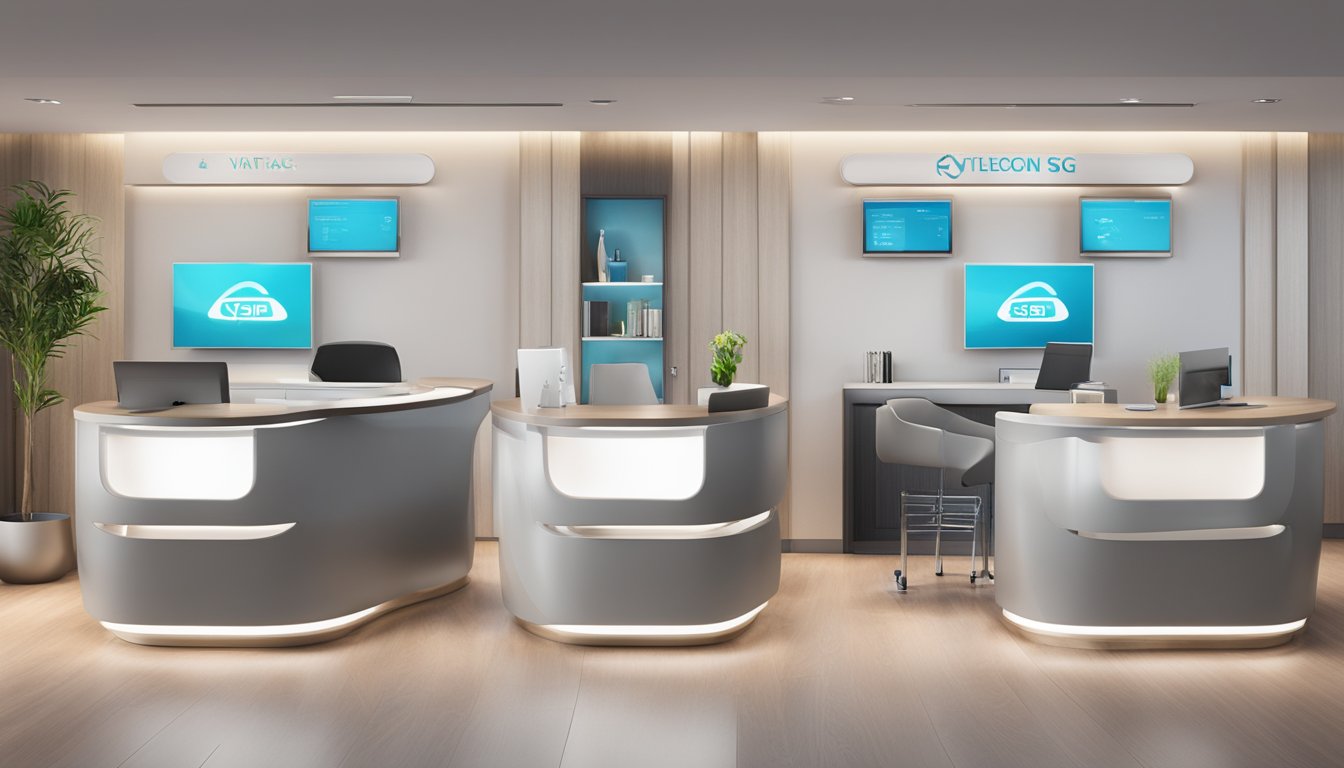 A modern medical concierge desk with sleek technology and a welcoming ambiance. The logo "Vita Concierge SG" is prominently displayed