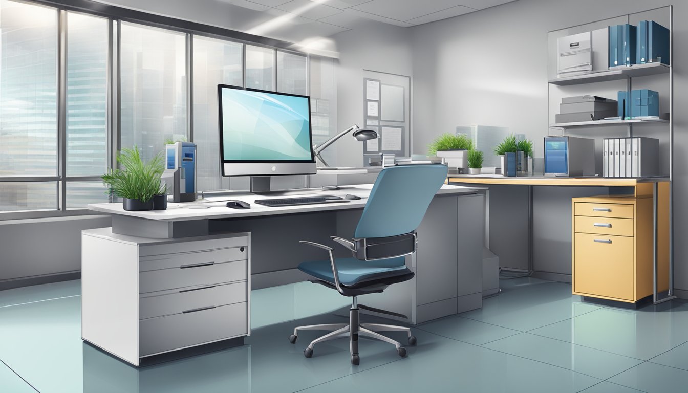 A modern medical concierge desk with a computer, phone, and paperwork, surrounded by a clean and professional office environment