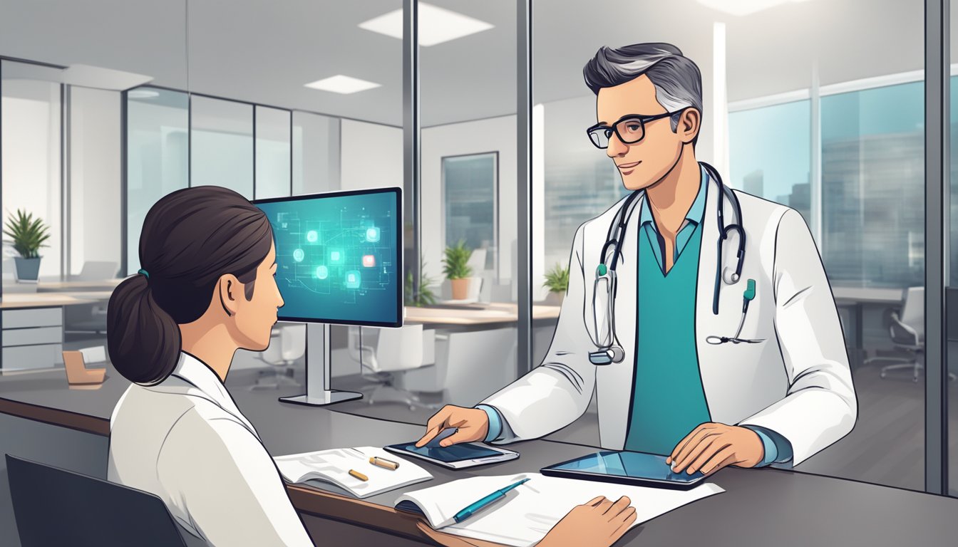 A doctor and a patient discussing medical services in a modern, sleek office setting. The doctor is holding a tablet and the patient is listening attentively