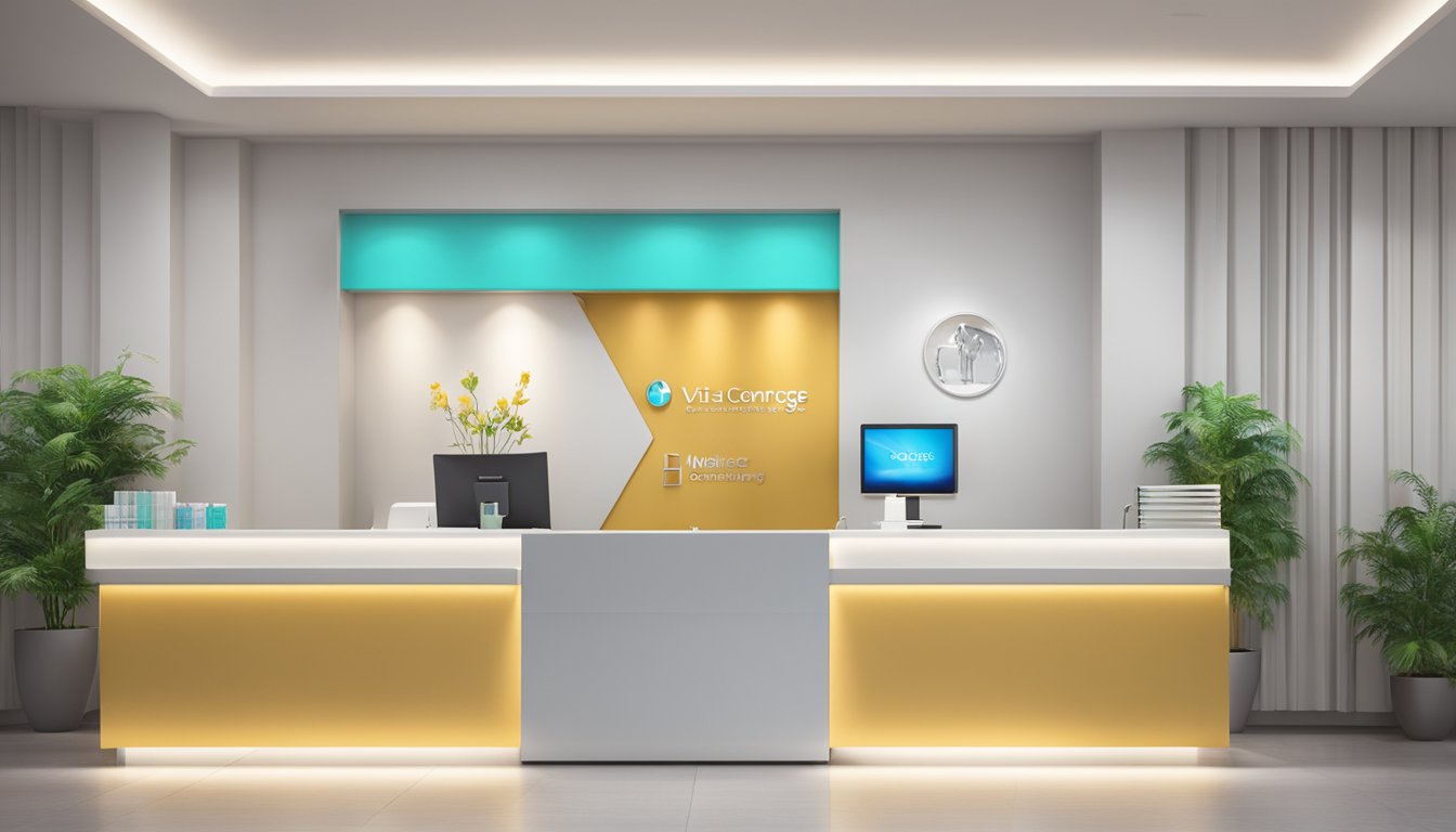A modern medical concierge office with sleek furniture and a reception desk. The logo "Vita Concierge SG" is prominently displayed. The office is well-lit and inviting. Opening hours are posted on the door