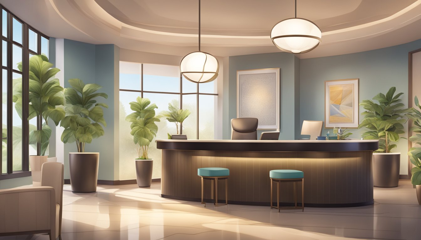 A serene medical concierge office with modern decor, soft lighting, and comfortable seating. A receptionist greets clients with a warm smile
