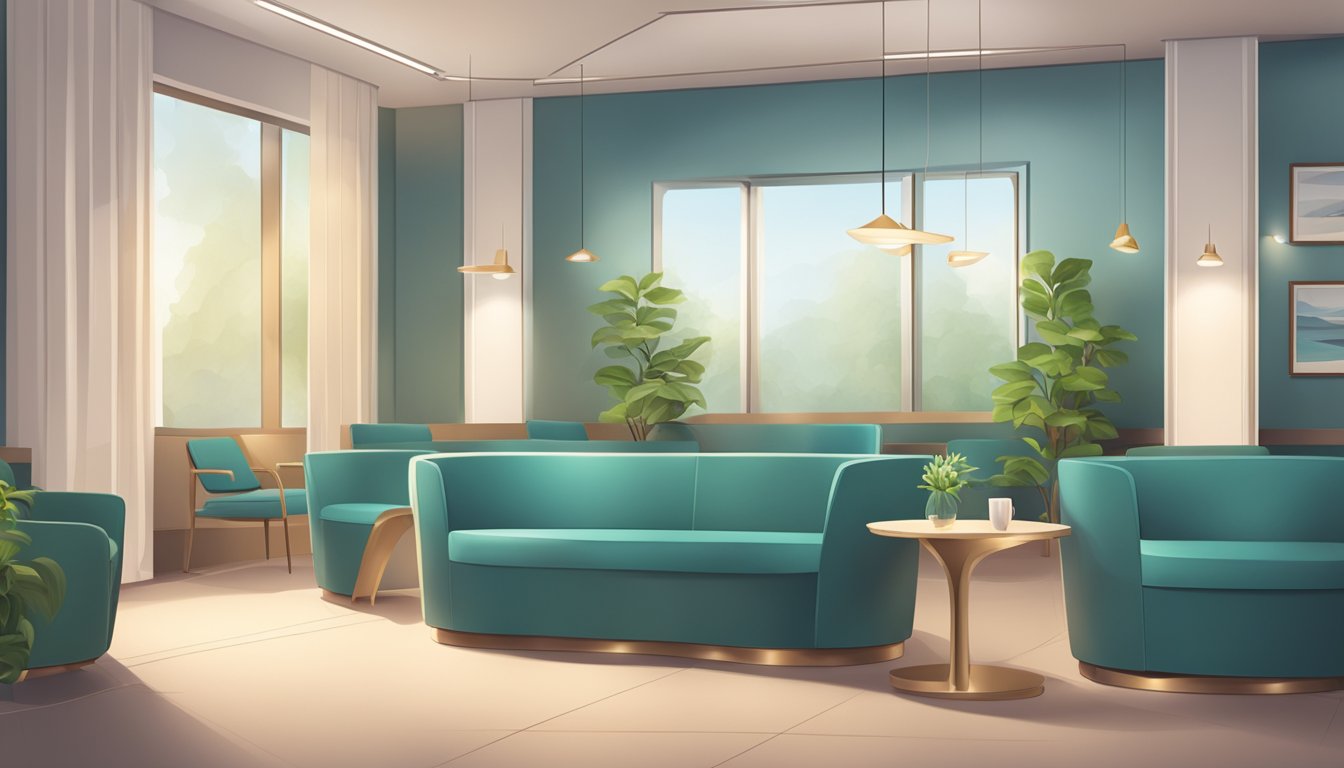 A tranquil waiting room with modern decor, soft ambient lighting, and comfortable seating. A reception desk with friendly staff and a soothing atmosphere