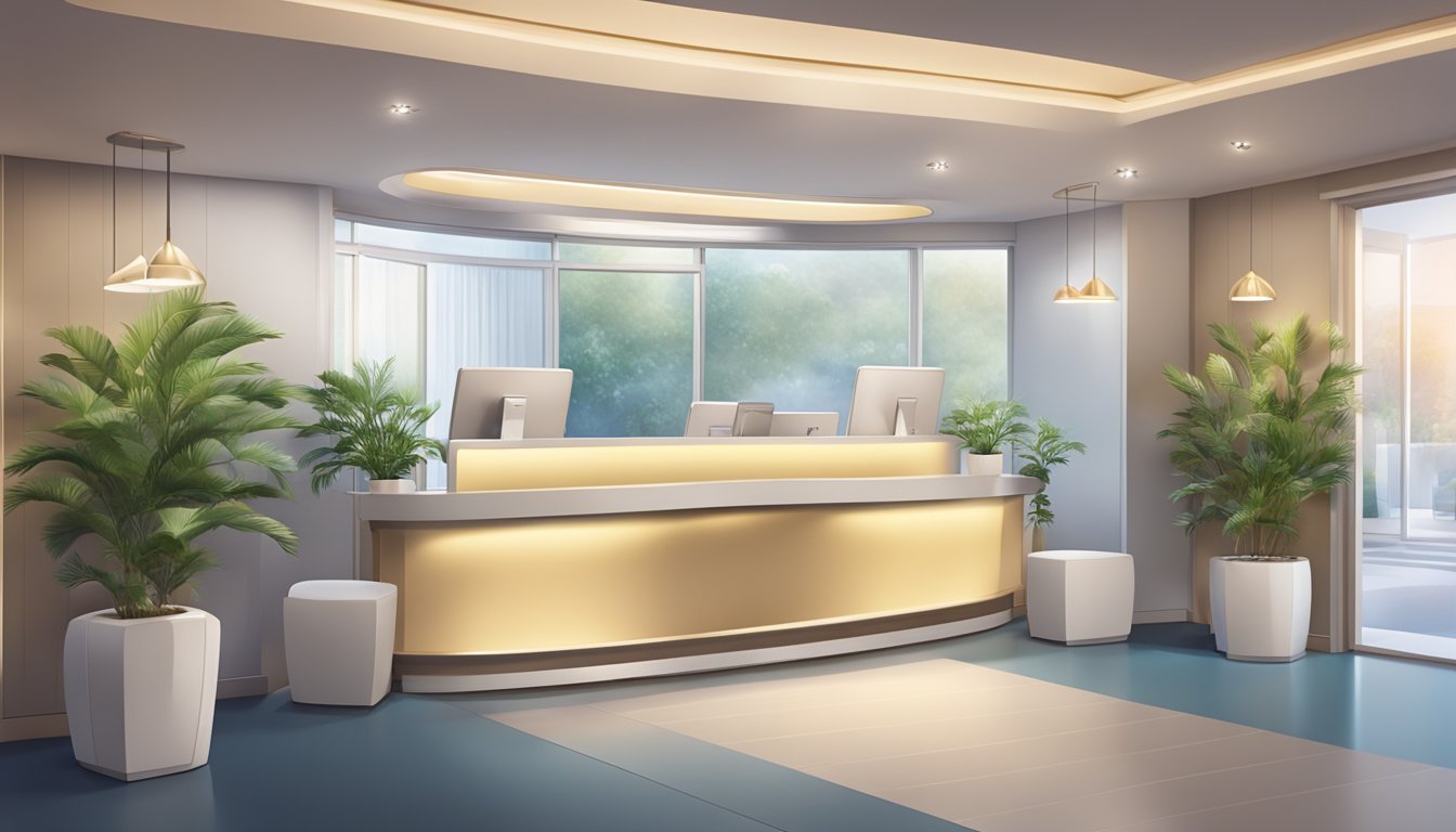 A serene medical concierge office with modern decor and calming ambiance. Reception area with comfortable seating and soft lighting