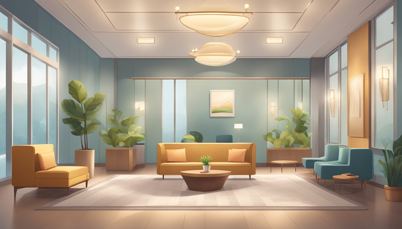 A serene waiting room with comfortable seating, soft lighting, and peaceful decor. A reception desk with a friendly staff member