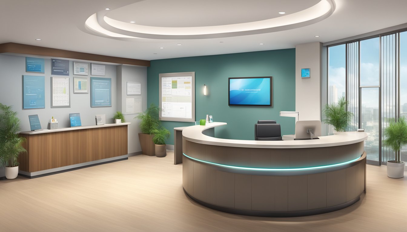 A modern medical concierge desk with a friendly receptionist, bright lighting, and comfortable seating area for patients