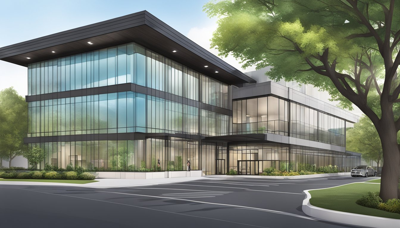 The CAMDEN Medical building stands tall and modern, with sleek glass panels and a welcoming entrance. The surrounding landscape is lush and well-maintained, creating a serene and professional atmosphere