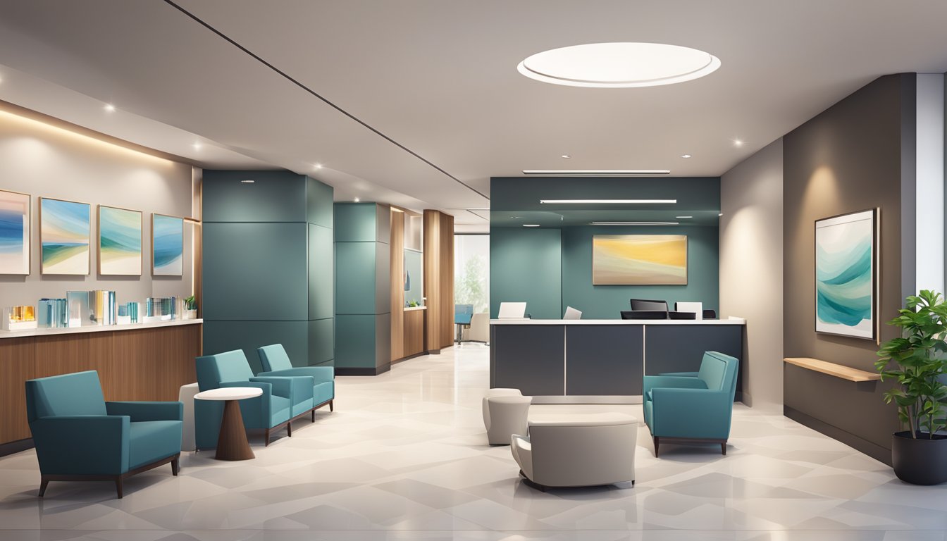 A modern medical concierge service office with a sleek reception area, comfortable waiting lounge, and private consultation rooms