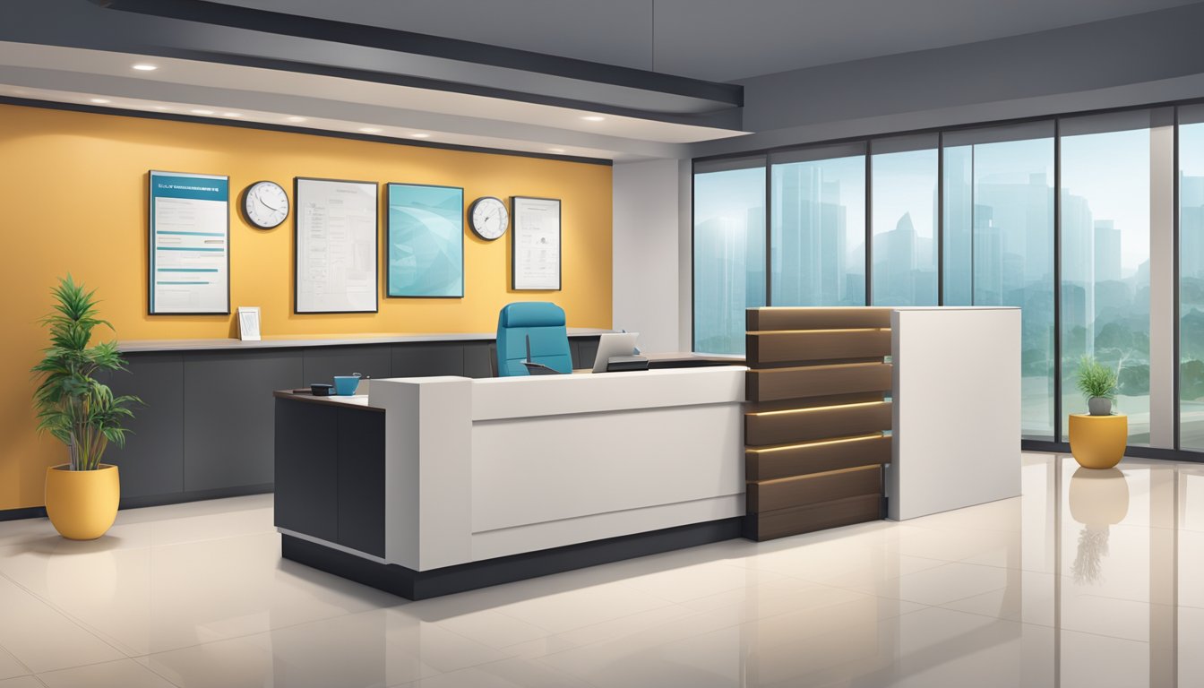 A modern medical concierge desk with a friendly receptionist, sleek furniture, and a calming atmosphere
