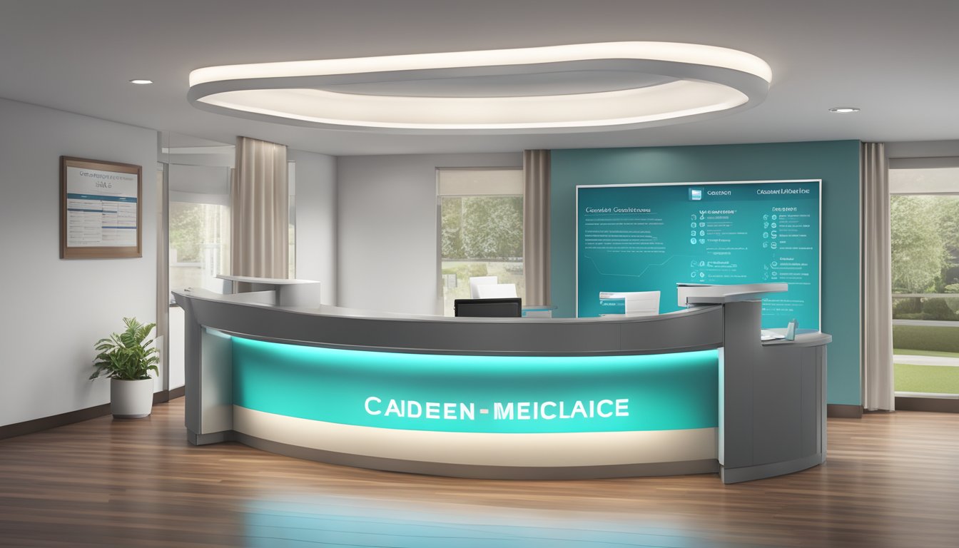 A modern medical concierge desk with a sleek design, displaying the name "CAMDEN Medical" and contact information. The area is well-lit and welcoming, with opening hours clearly visible