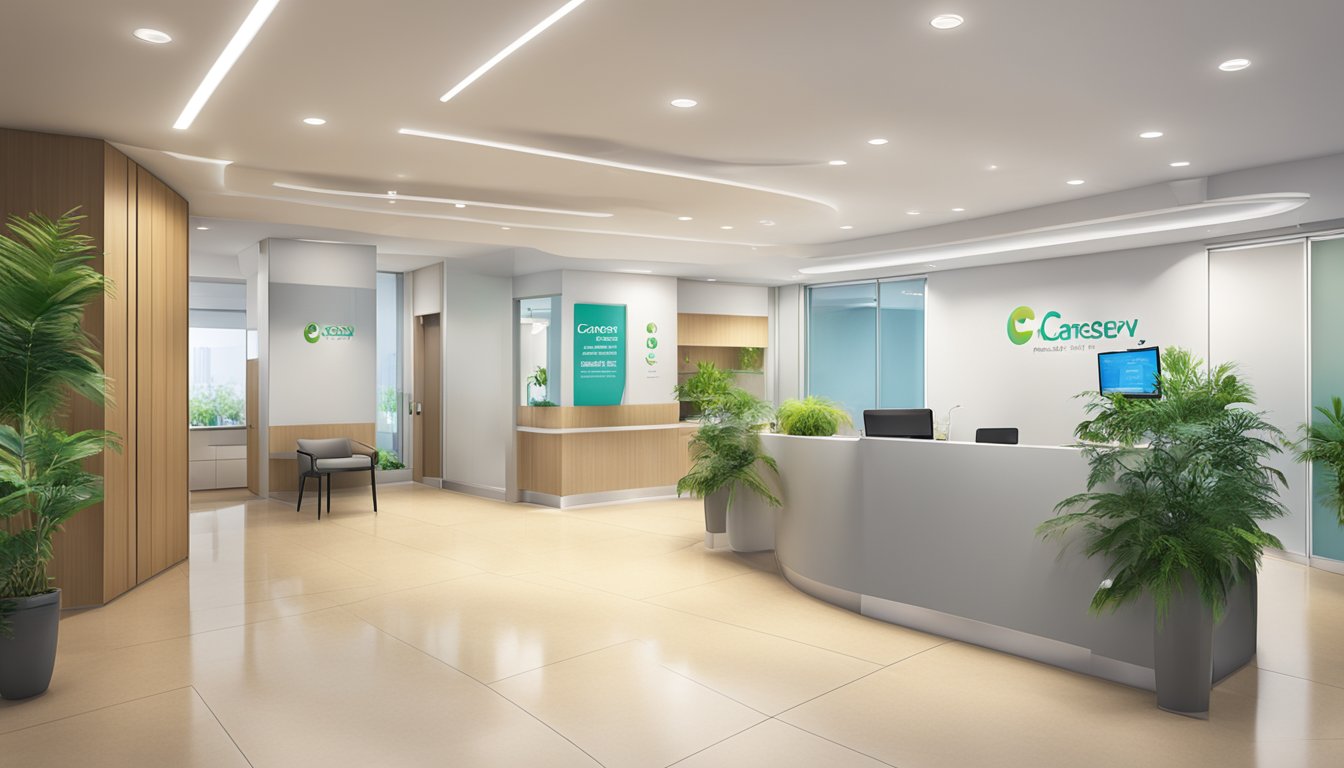 A modern, clean medical office with CareServ Asia Pte Ltd signage and a welcoming Medical Concierge SG reception area