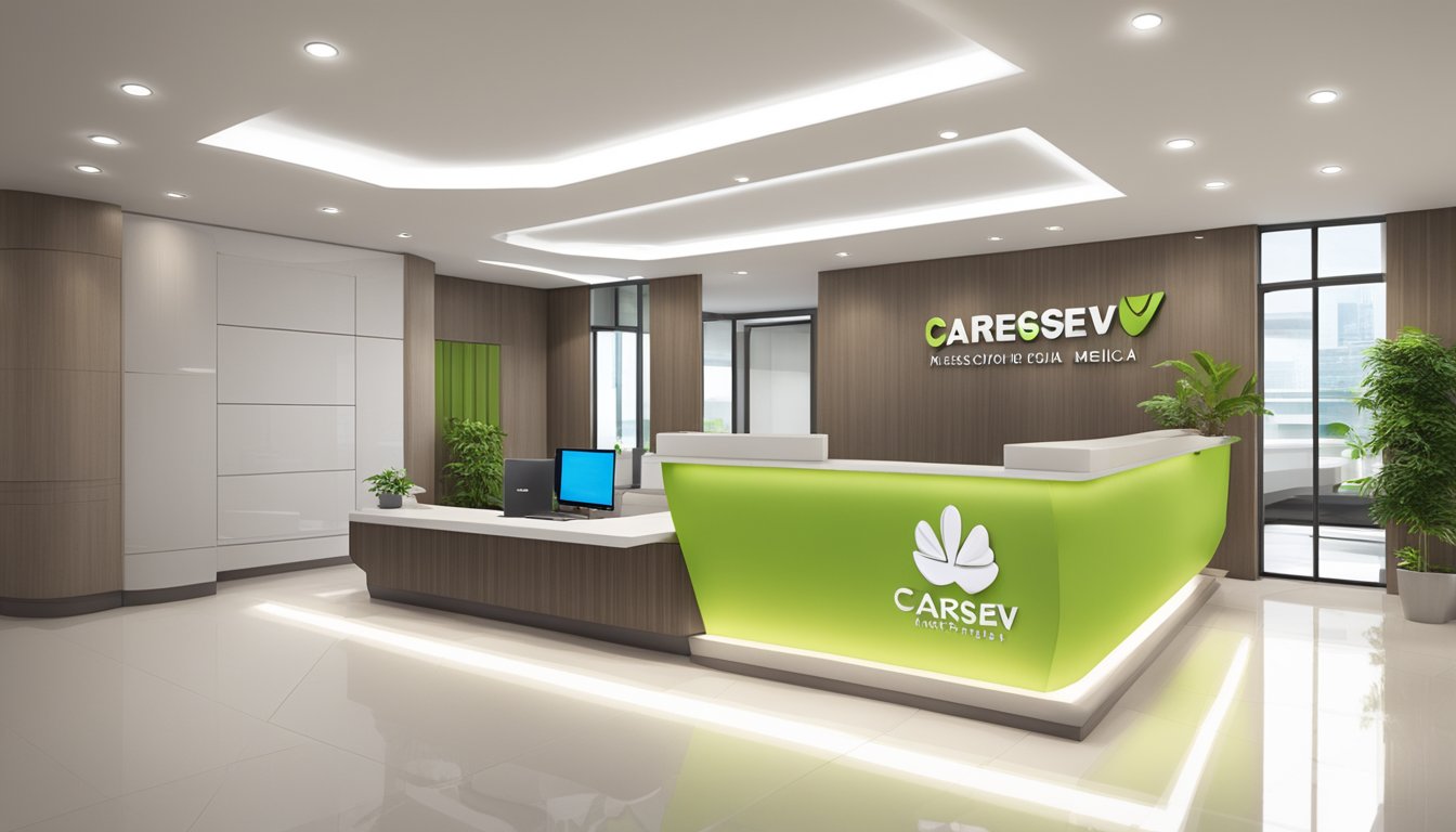 A modern medical concierge office with sleek furniture and a welcoming reception area. The logo "CareServ Asia Pte Ltd" is prominently displayed on the wall