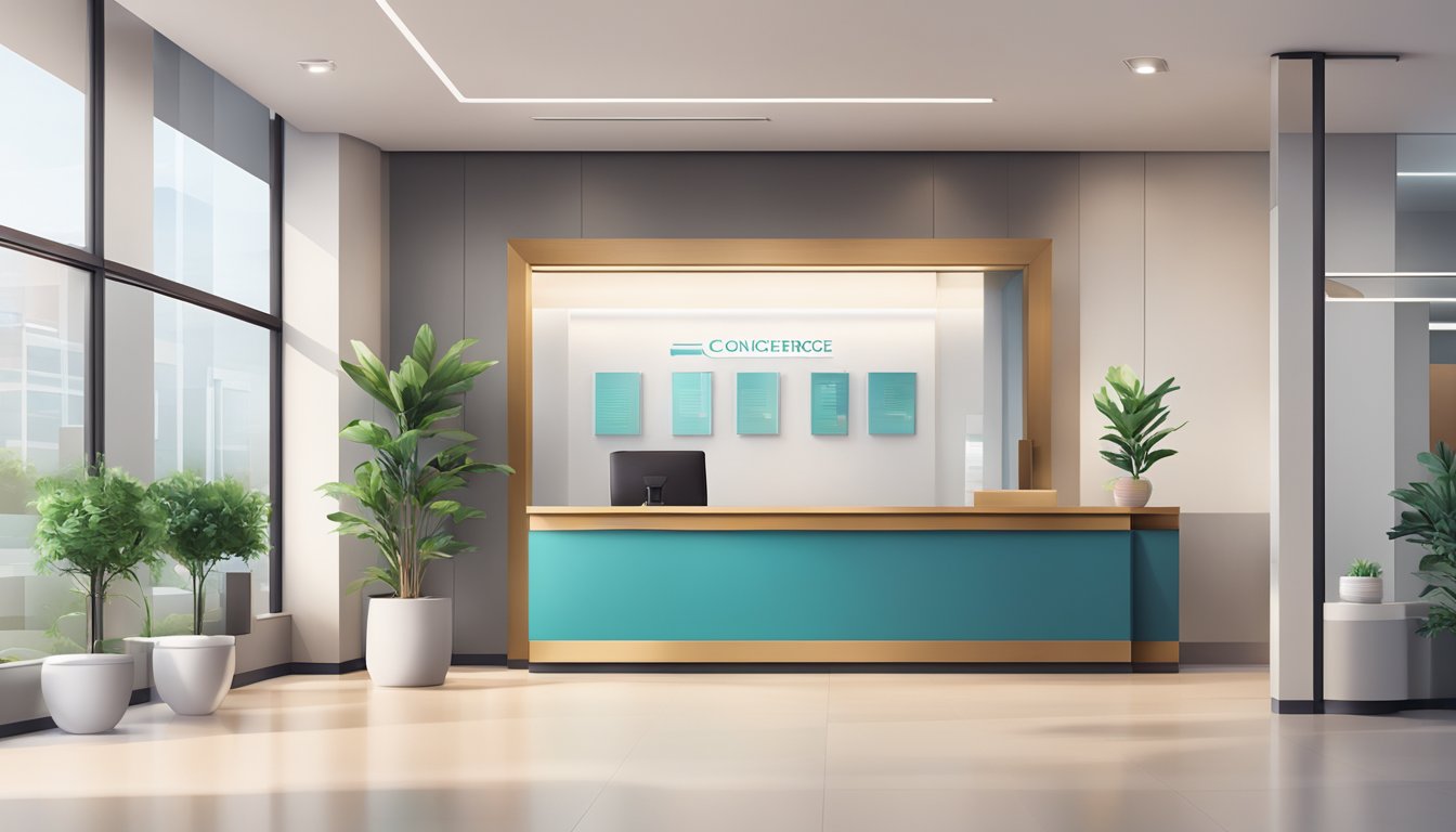 A modern medical concierge office with sleek, minimalist design and a welcoming reception area