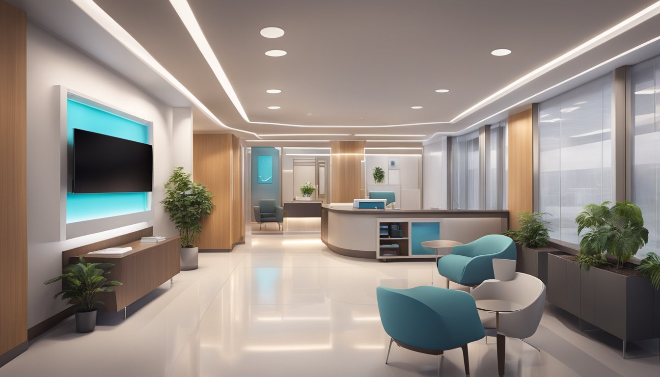 A modern, sleek medical concierge office with minimalist decor and state-of-the-art equipment. The space exudes professionalism and comfort, with soft lighting and a welcoming atmosphere