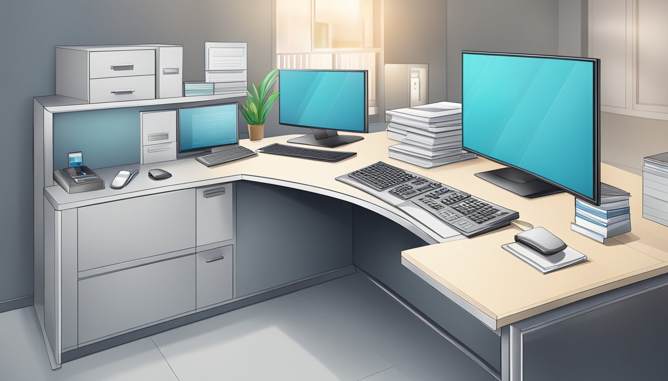 A modern medical concierge desk with a computer, phone, and paperwork. Clean and organized with a professional atmosphere