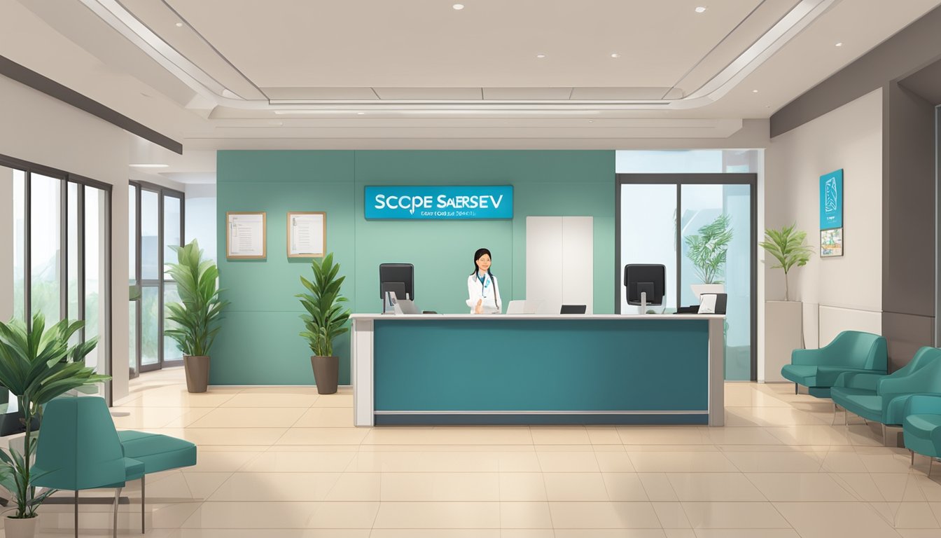 A welcoming reception area with a desk, comfortable seating, and a friendly staff member assisting a client. A sign on the wall reads "Scope of Services CareServ Asia Pte Ltd - Medical Concierge SG Review."