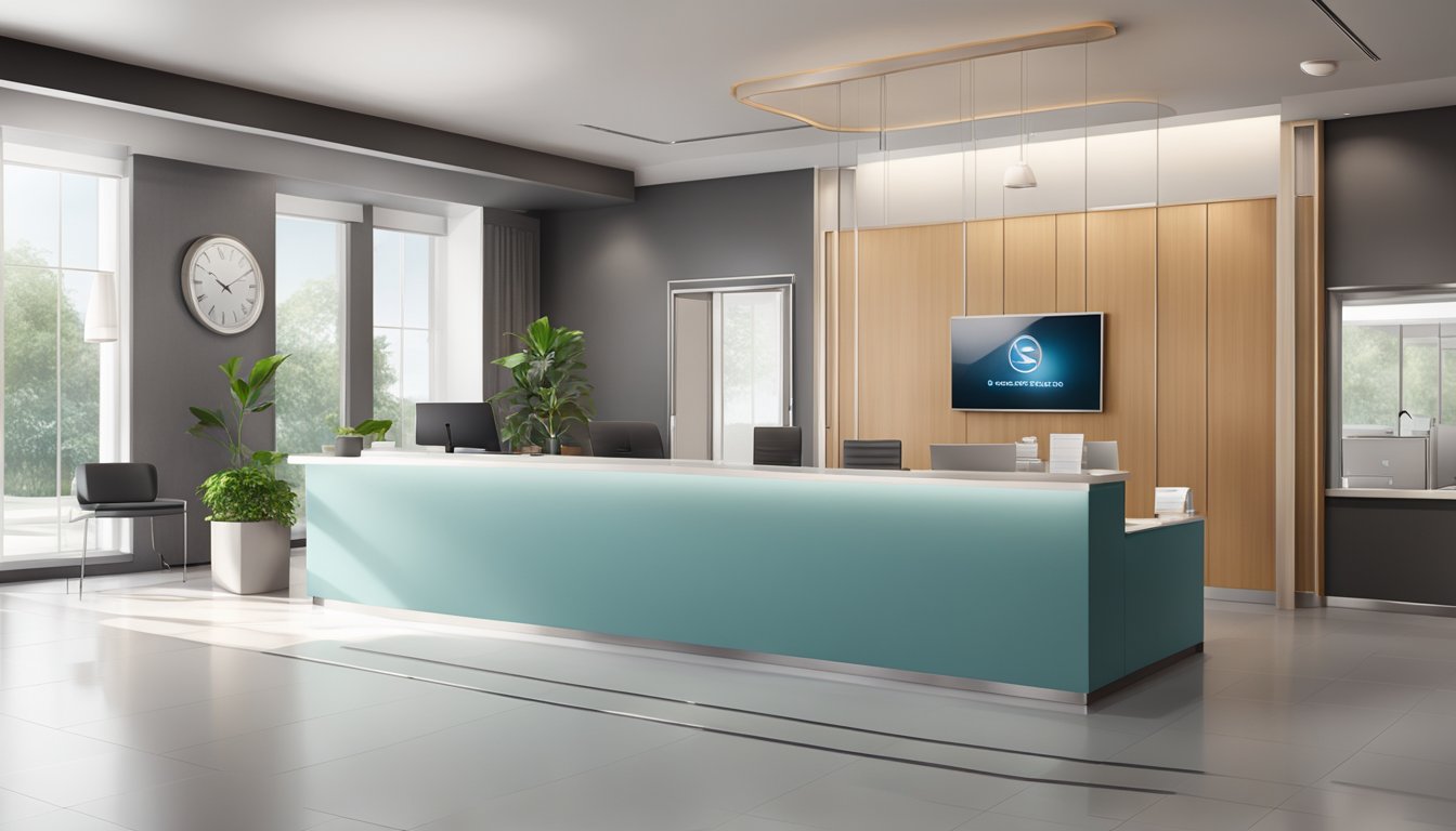 A modern medical concierge office with a sleek reception desk, comfortable seating, and a professional atmosphere