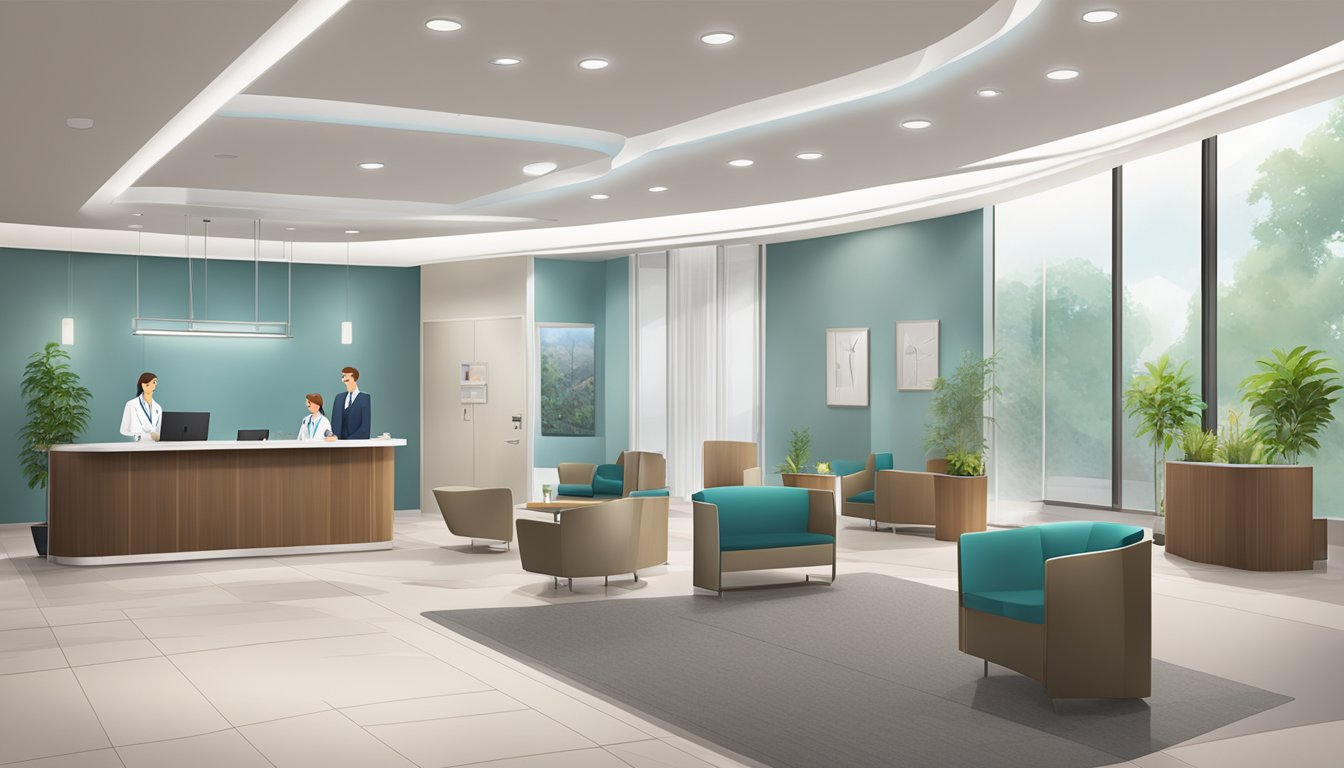 A modern medical concierge facility with sleek design, comfortable waiting area, and friendly staff assisting patients